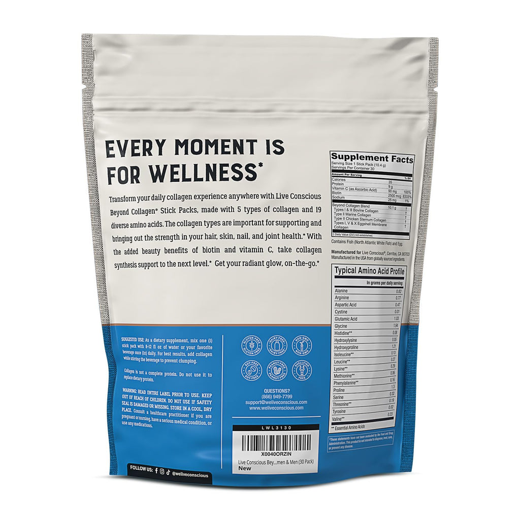 Live Conscious Beyond Collagen Peptides Powder Unflavored Packets - Hydrolyzed Collagen Powder - Hair Skin Nail & Joint Support - Multi Type Collagen