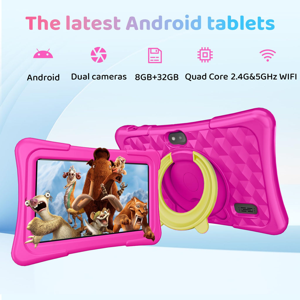 Kids Tablet, 7 inch Android Tablet for Kids, 6GB+32GB 1TB Expand, Quad-Core Tablets with Case, BT, WiFi, Parental Control, Games, Dual (Rose)