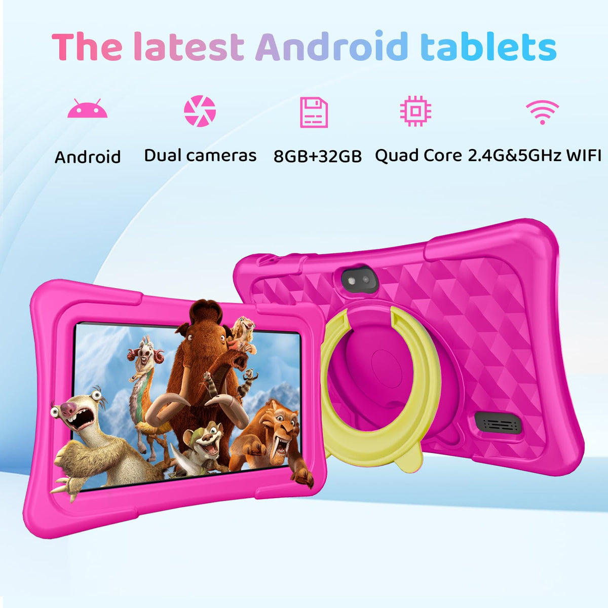 Kids Tablet, 7 inch Android Tablet for Kids, 6GB+32GB 1TB Expand, Quad-Core Tablets with Case, BT, WiFi, Parental Control, Games, Dual (Rose)
