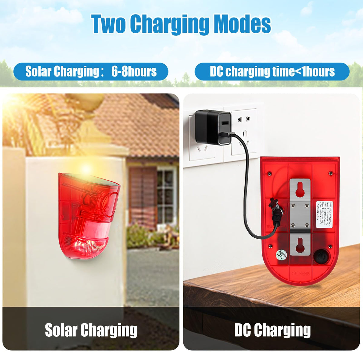 Qualirey 2 Pack Solar Motion Sensor Alarm 129db Outdoor Strobe Light,Red