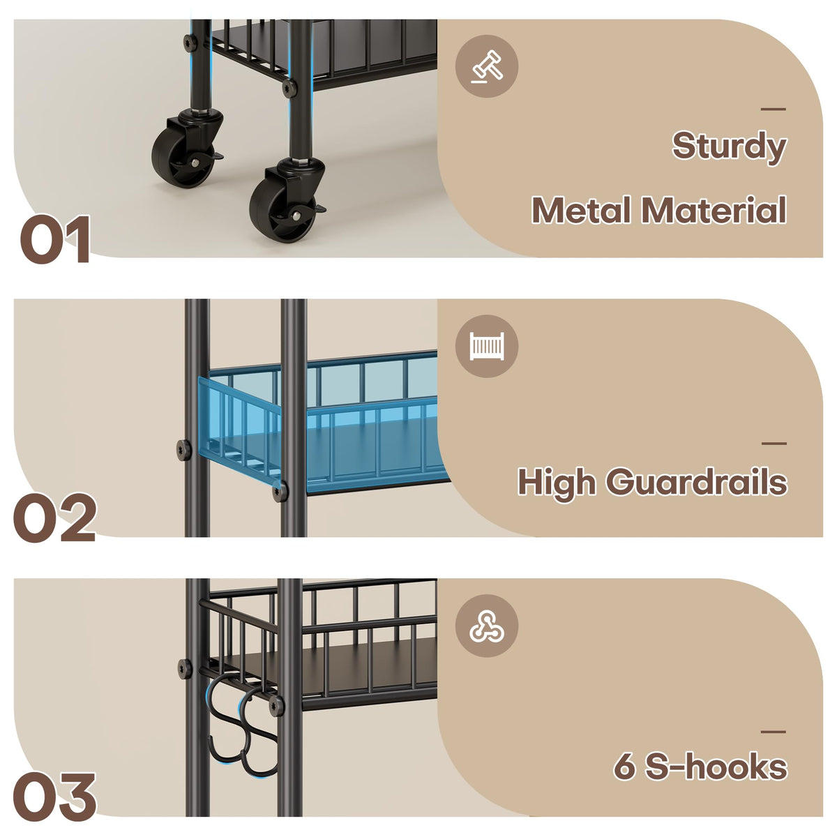 Slim Rolling Storage Cart with Wheels, Metal 6 Tier Spice Rack Mobile Shelving Unit Organizer Kitchen Utility Cart for Office Bathroom Kitchen