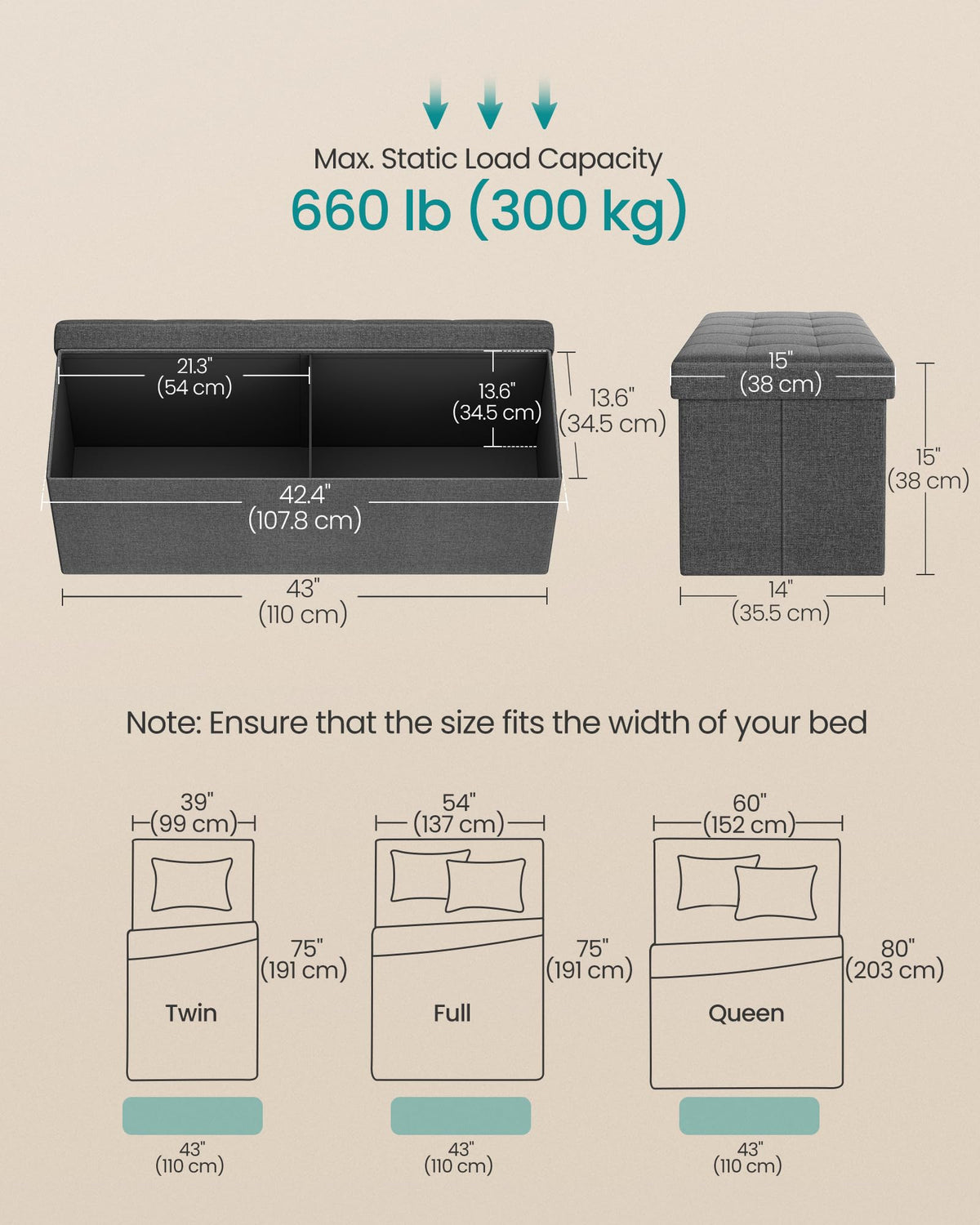 SONGMICS 43.3 Inches Folding Storage Ottoman Bench, Load 660 lb