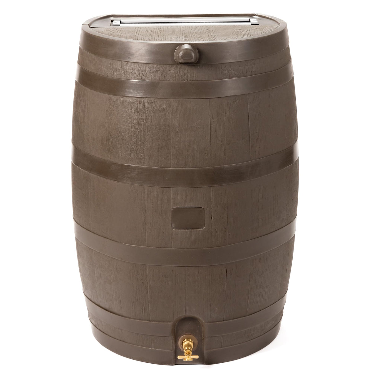 RTS Home Accents 50-Gallon Rain Barrel with Brass Spigot, Flat Back Rain Water Collection Barrel, Walnut Color