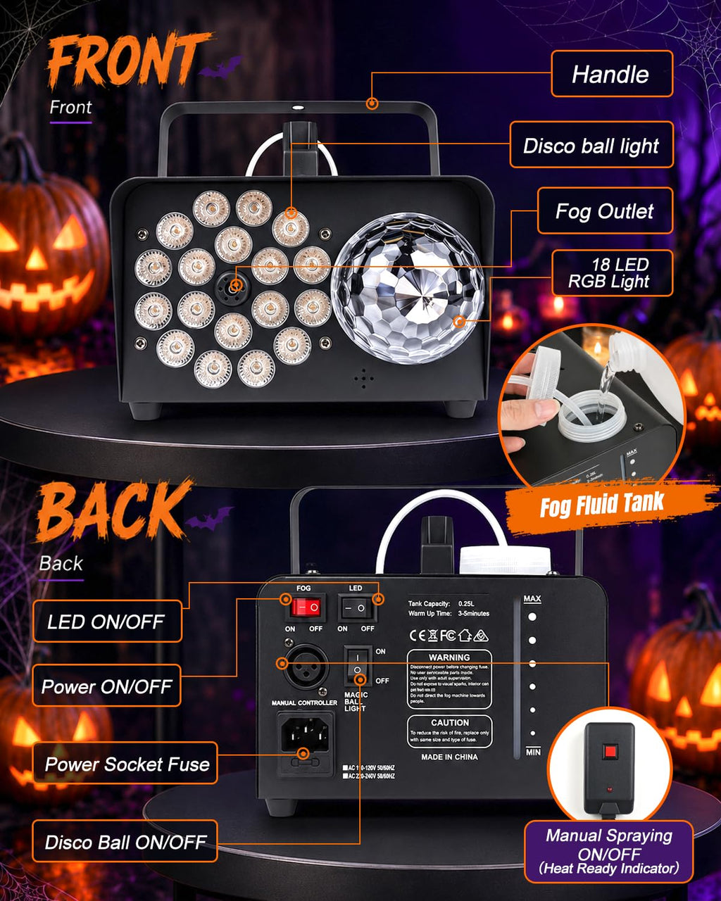 1000W Fog Machine, 4500CFM Output Smoke Machine with Disco Ball Lights, 18 Color LED Effects, Wireless Remote Control, Perfect for Halloween, DJ