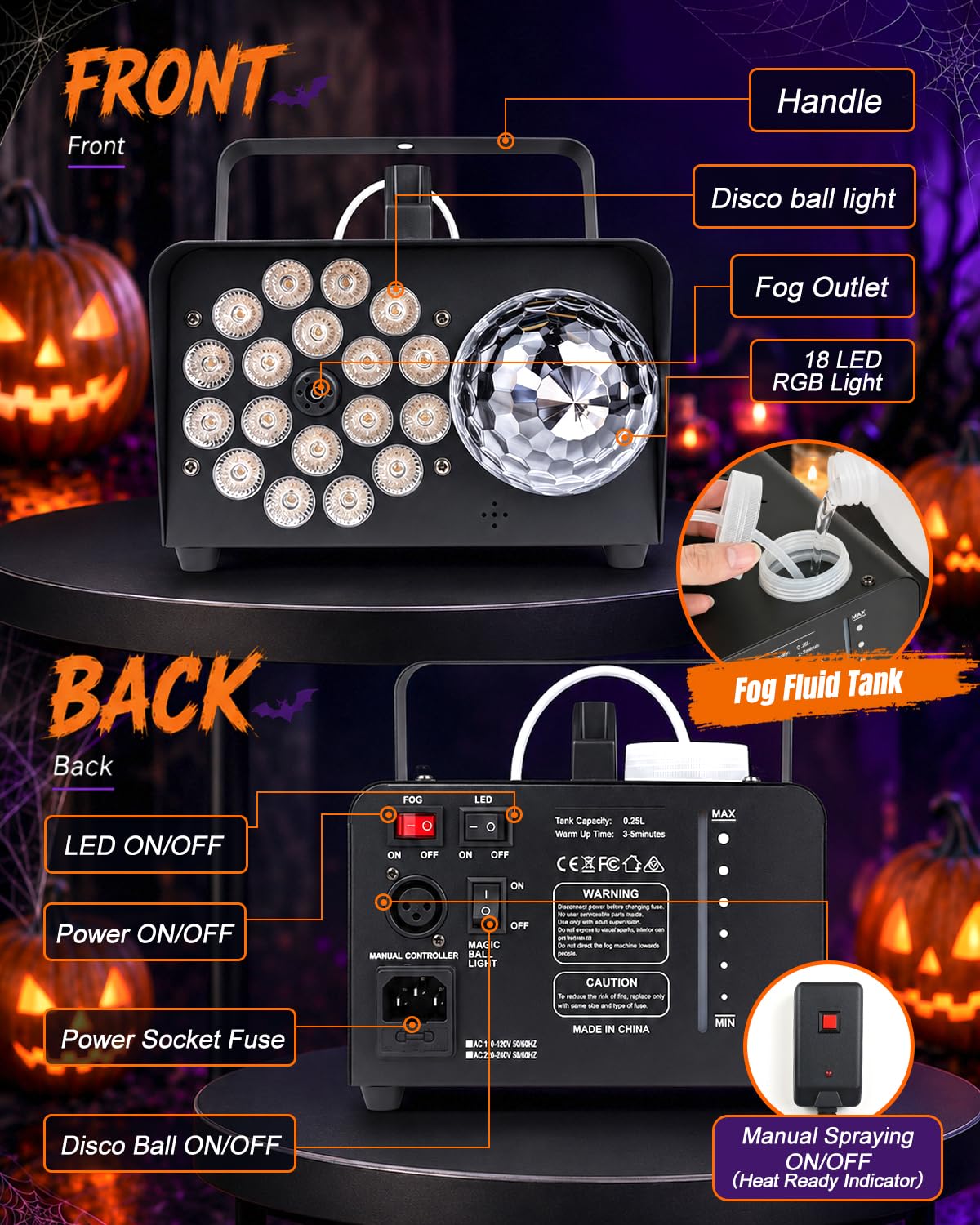 1000W Fog Machine, 4500CFM Output Smoke Machine with Disco Ball Lights, 18 Color LED Effects, Wireless Remote Control, Perfect for Halloween, DJ