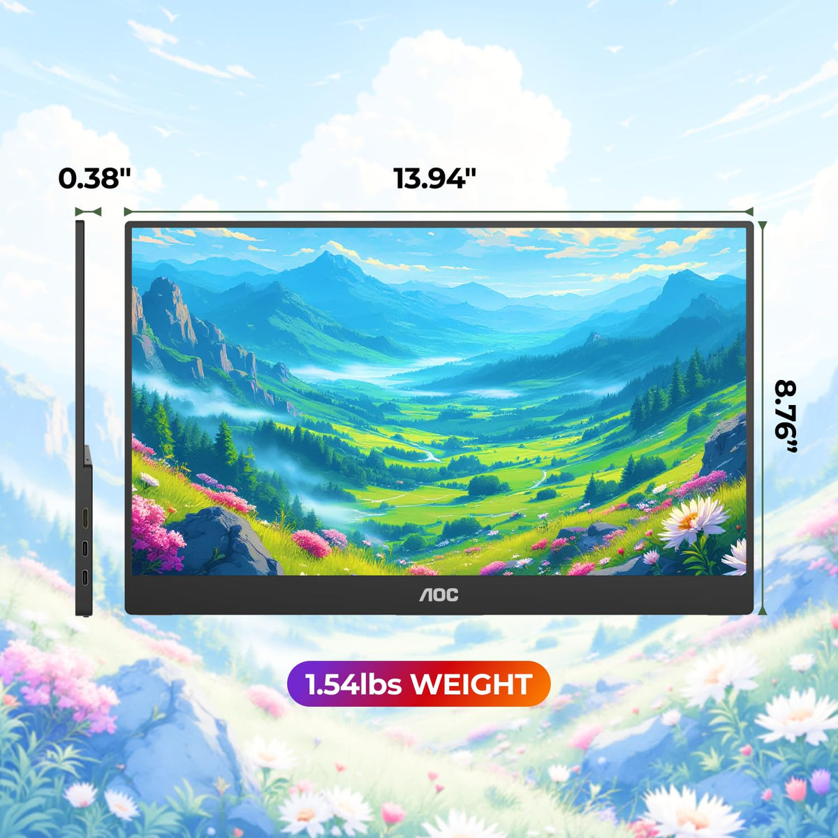 AOC 16" Portable Monitor FHD 60Hz USB-C IPS Ultra Slim Smart Cover 16T20
