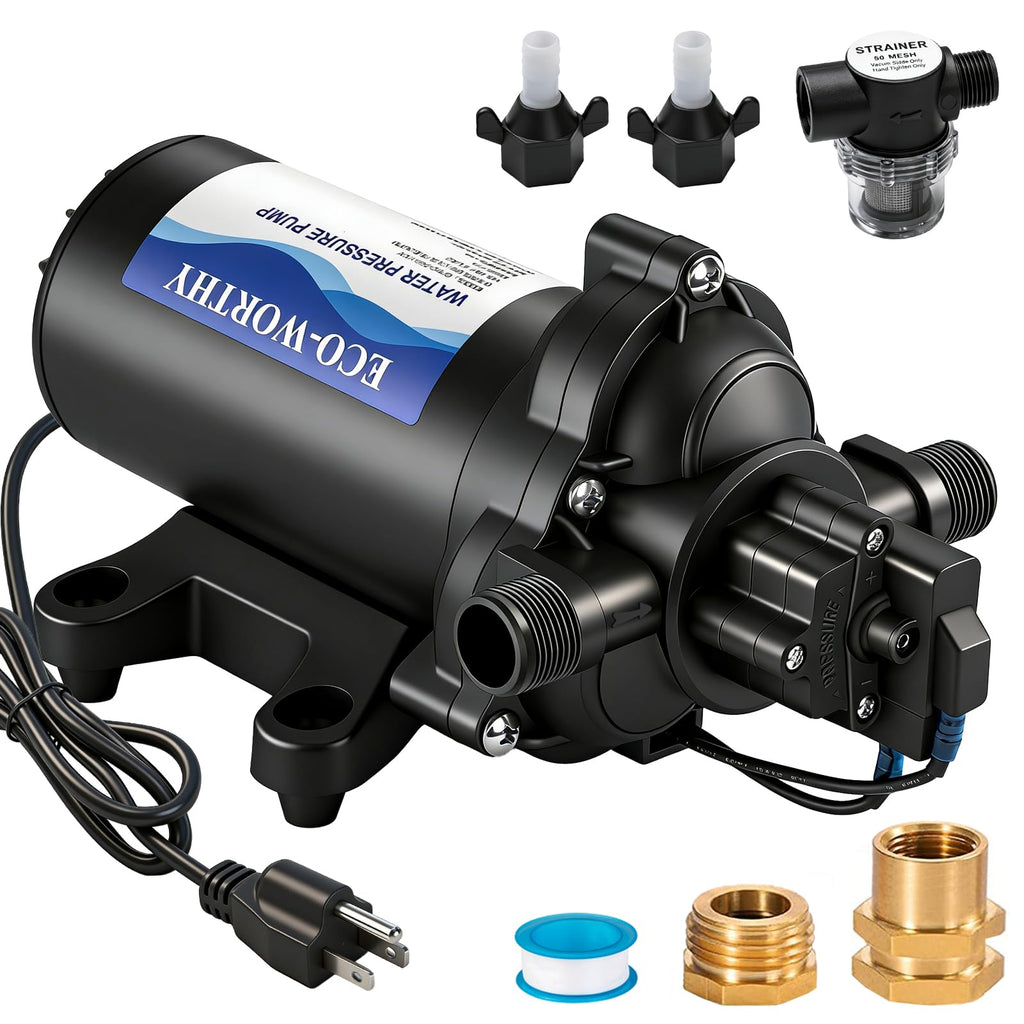 ECO-WORTHY 33-Series Industrial Water Pressure Pump 110V AC 4.0GPM 50PSI RV Fresh Water Diaphragm Pump include Garden Hose Adapters for Irrigation