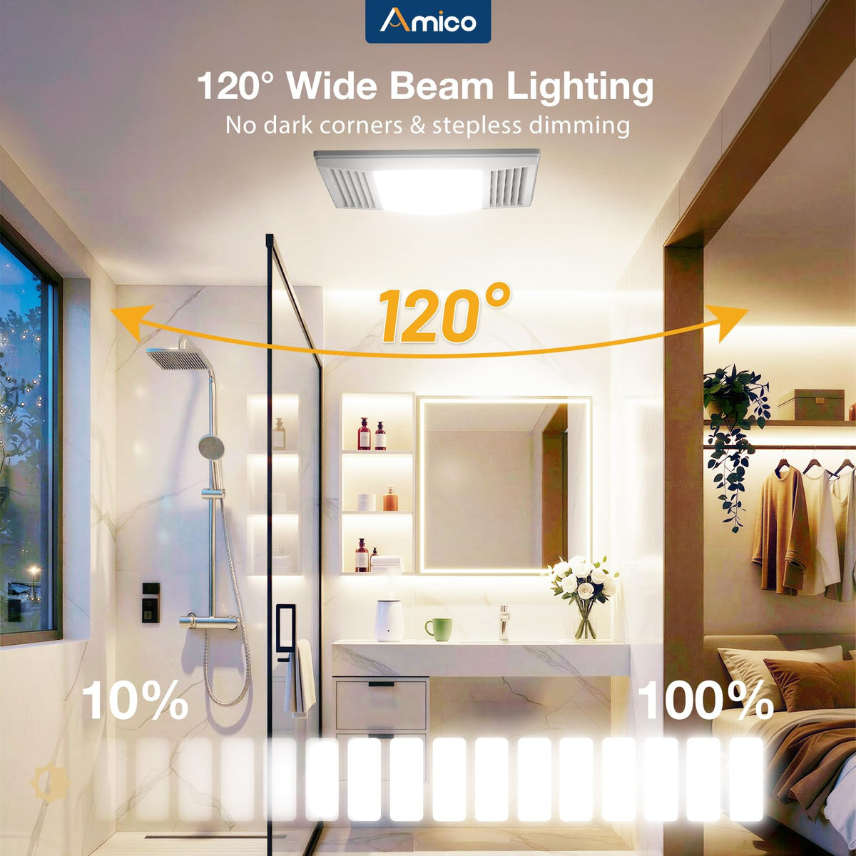Amico Bathroom Exhaust Fan with LED Light, 80 CFM, 0.9 Sones, 90 CRI, White