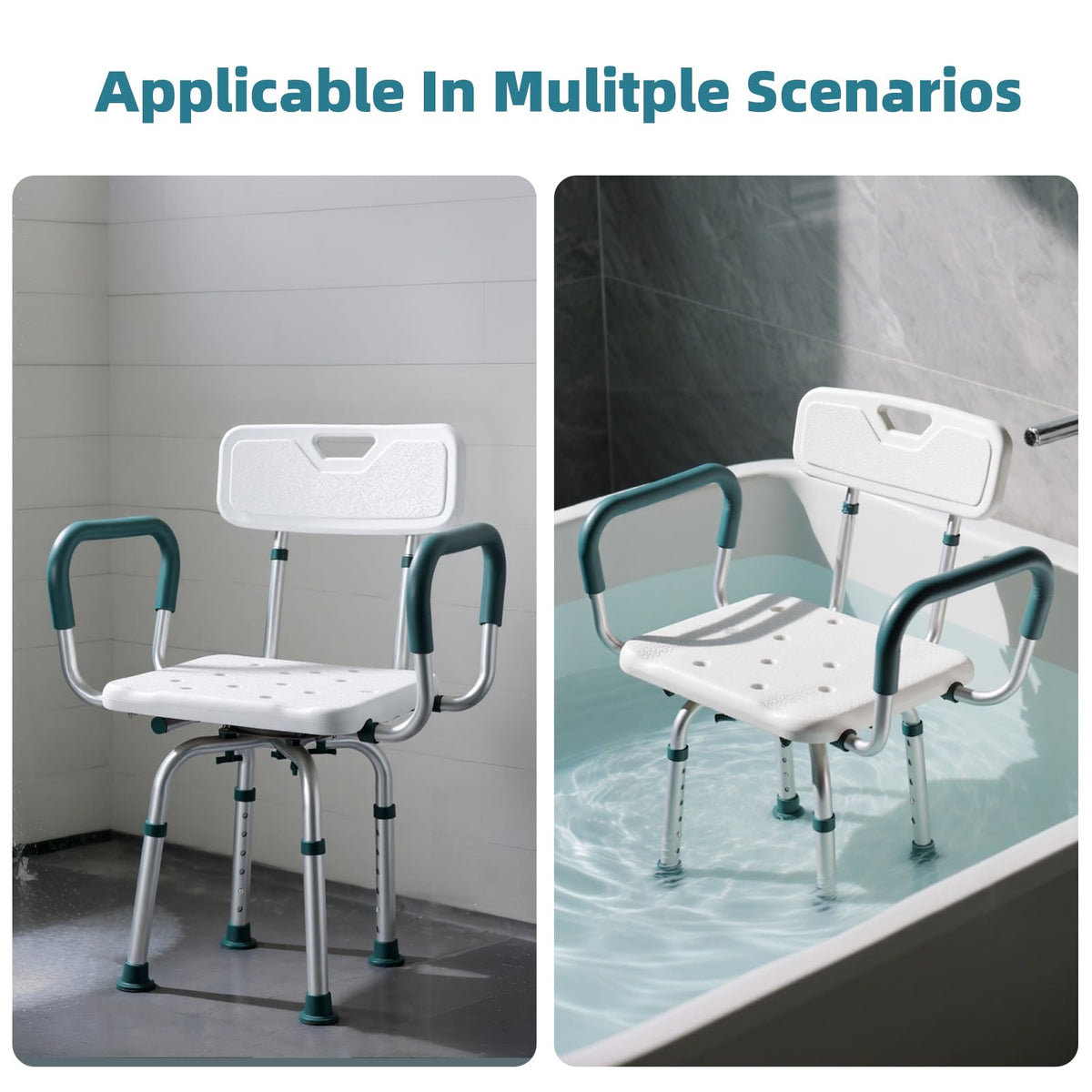 Swivel Shower Chair with Arms and Back, Heavy Duty Shower Seat for Inside Shower Stall and Bathtub, Height Adjustable Safety Bath Seat for Elderly