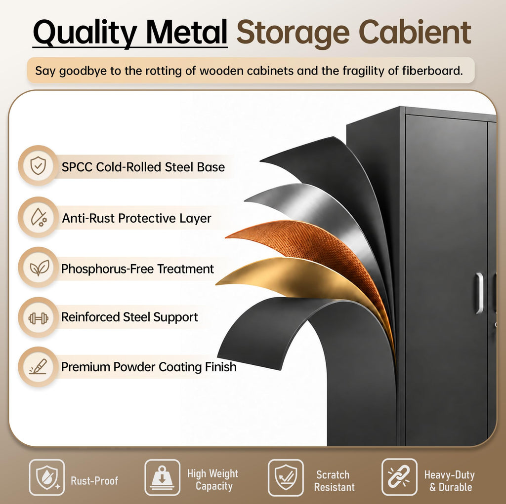 Metal Storage Cabinet with Adjustable Shelves, Garage Cabinet with 2 Lockable Doors, Garage Storage Cabinet, Kitchen Pantry Cabinet - 71'H, Black