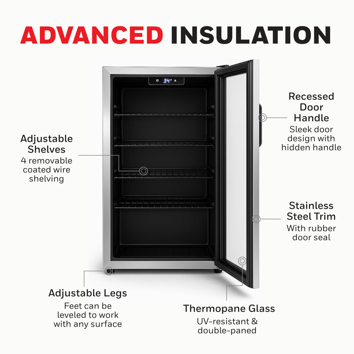 Honeywell Beverage Refrigerator and Cooler, 116 Can Mini Fridge with Glass Door for Soda Beer or Wine for Office or Bar with Adjustable Removable