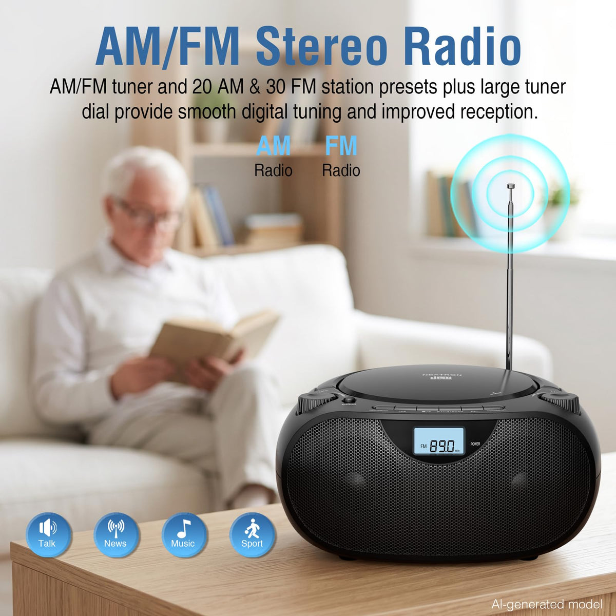 Portable CD Player Boombox with Bluetooth, AM/FM Radio & USB