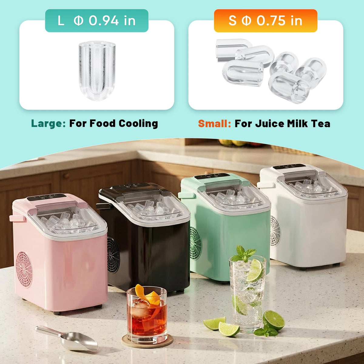 Sweetcrispy Countertop Ice Maker with Scoop, Basket and Handle, Portable Ice Machine 9 Cubes Ready in 6 Mins, 26.5lbs in 24Hrs, 2 Sizes for Home