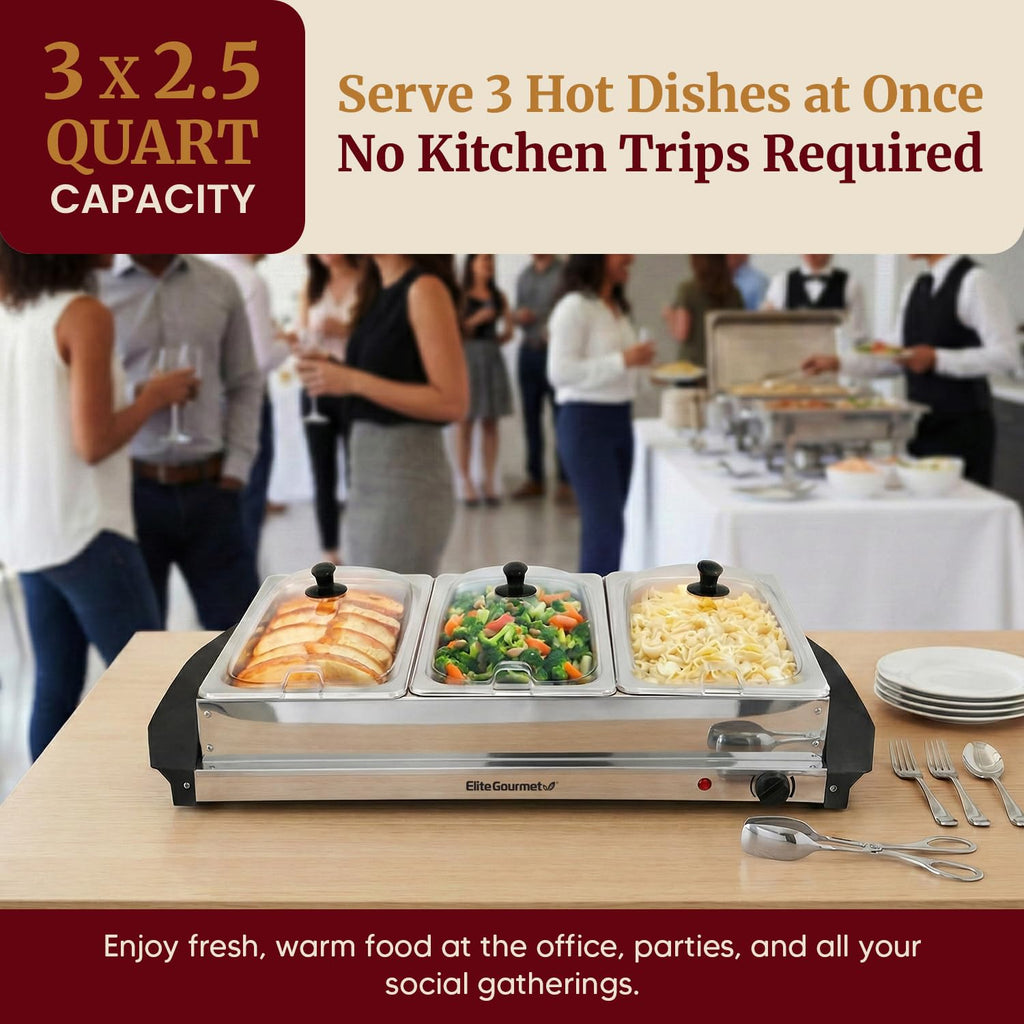 Elite Gourmet 7.5 Qt Triple Buffet Server & Food Warmer, 3 x 2.5 Qt Trays