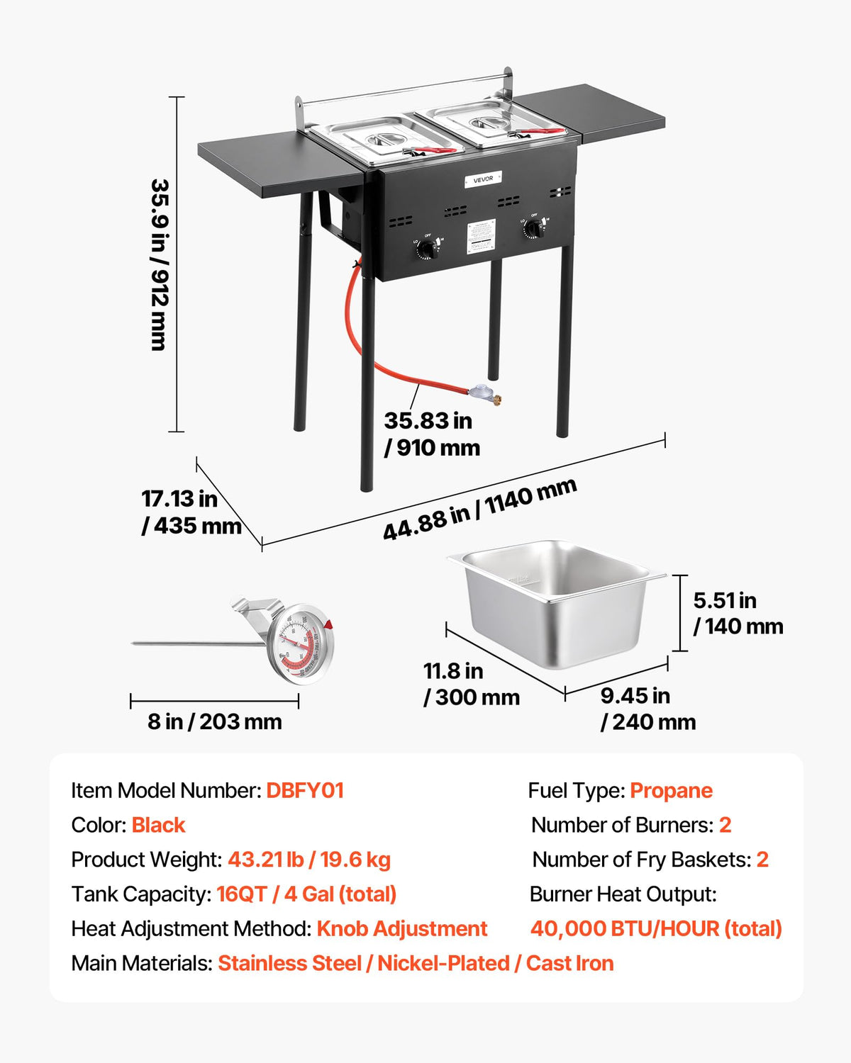 VEVOR Outdoor Propane Deep Fryer, Double Burners Commercial Fryer, 16 Qt Stainless Steel Cooker with Removable Baskets & Lids & Tanks, Oil Fryer Cart