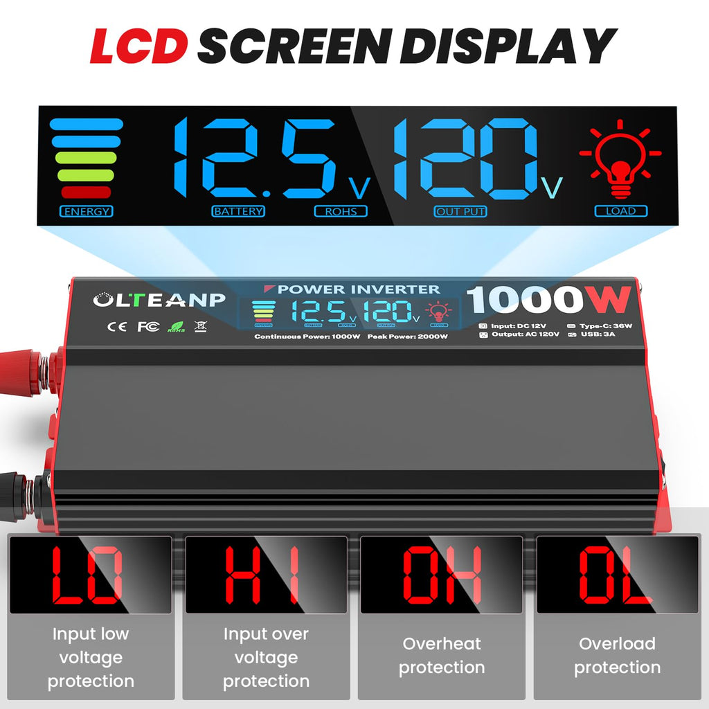 1000W Power Inverter 12V DC to 110V/120V AC Car Converter for Vehicles