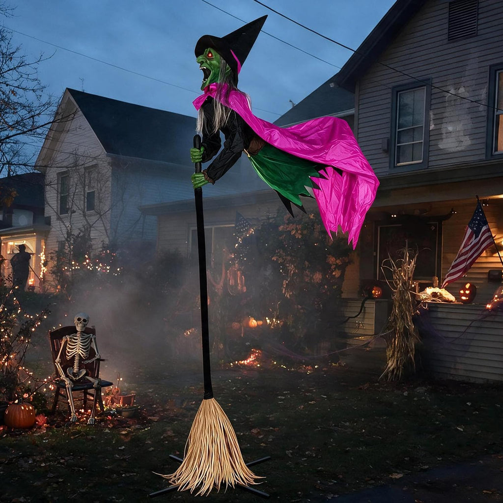 Halloween Decorations Outdoor – 10.5FT Animated Hovering Witch Animatronics with Sound & Footpad Activation – Spooky Flying Witch on Broom Decor for