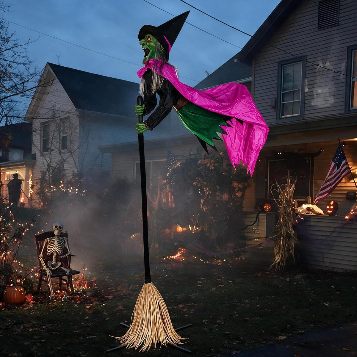 Halloween Decorations Outdoor – 10.5FT Animated Hovering Witch Animatronics with Sound & Footpad Activation – Spooky Flying Witch on Broom Decor for