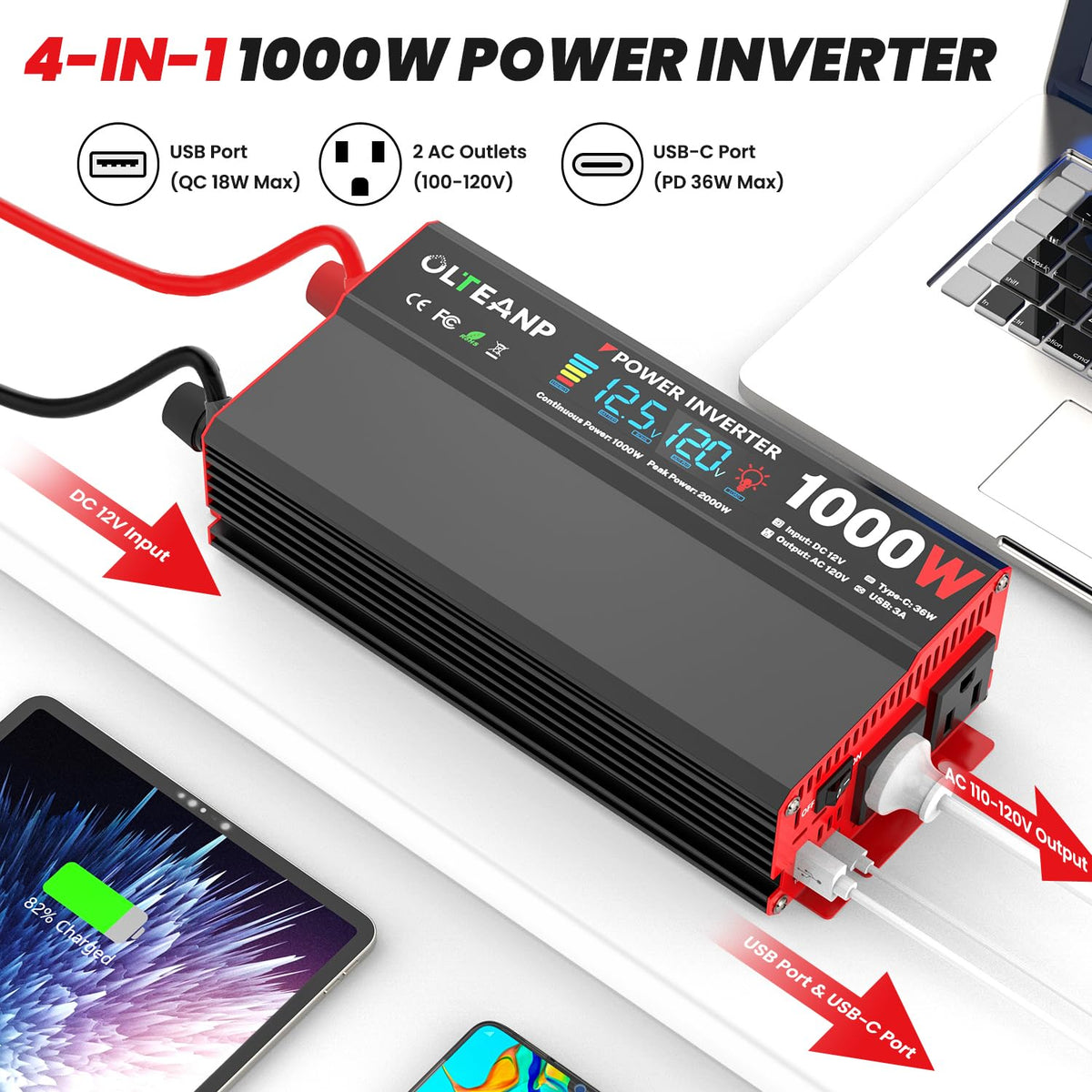 1000W Power Inverter 12V DC to 110V/120V AC Car Converter for Vehicles