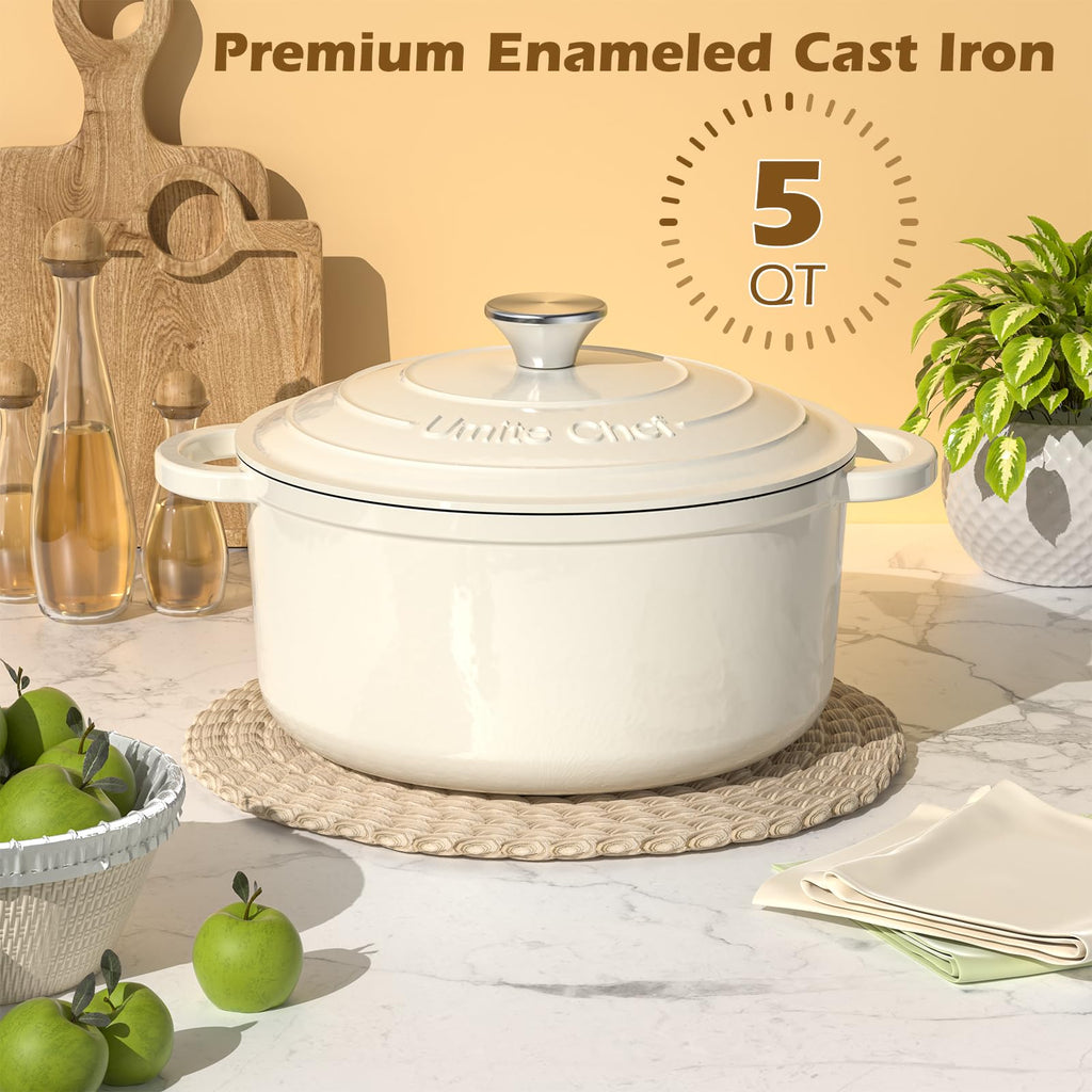 Enameled Cast Iron Dutch Oven - Umite Chef 5QT Pot with Lid & Cotton Potholders - Heavy-Duty Cookware for Bread Baking, Braising, Stews, Roasting
