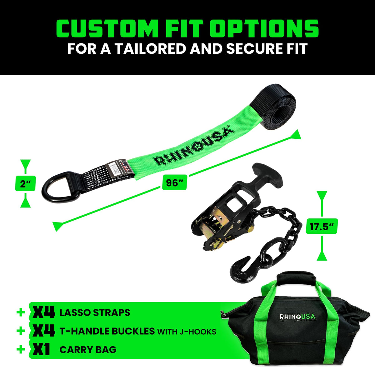 Rhino USA Car Hauler Tie Down Straps (4-Pack) - 2inx8ft Lasso with J Hooks