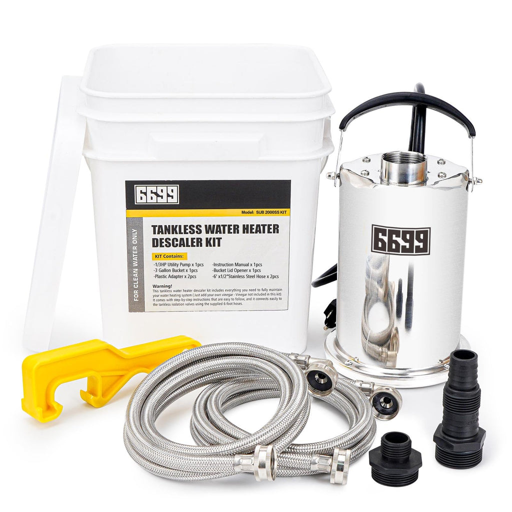 Tankless Water Heater Flushing Kit Includes 1/3HP Stainless Steel Sump Pump with Two Adapters & 3 Gallons Pail with Bucket Lid Opener & Two 1/2” Dia