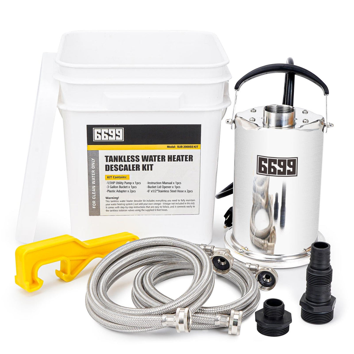 Tankless Water Heater Flushing Kit Includes 1/3HP Stainless Steel Sump Pump with Two Adapters & 3 Gallons Pail with Bucket Lid Opener & Two 1/2” Dia