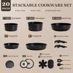 Nonstick Pots and Pans Set - 20 Pack KIKCOIN Stackable Cookware Set with Detachable Handle, RV Kitchen Cooking Set with Removable Handles - Oven Safe