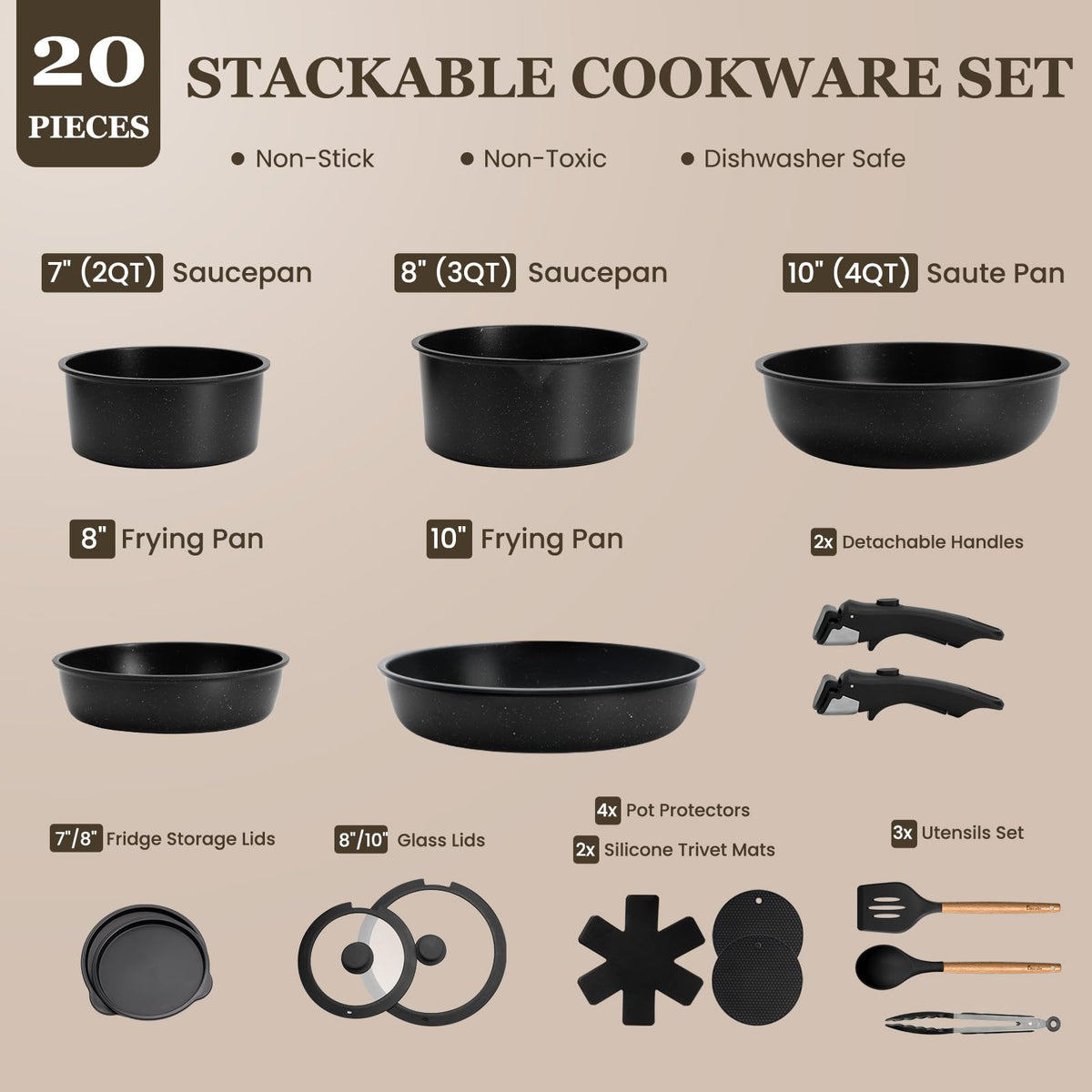 Nonstick Pots and Pans Set - 20 Pack KIKCOIN Stackable Cookware Set with Detachable Handle, RV Kitchen Cooking Set with Removable Handles - Oven Safe
