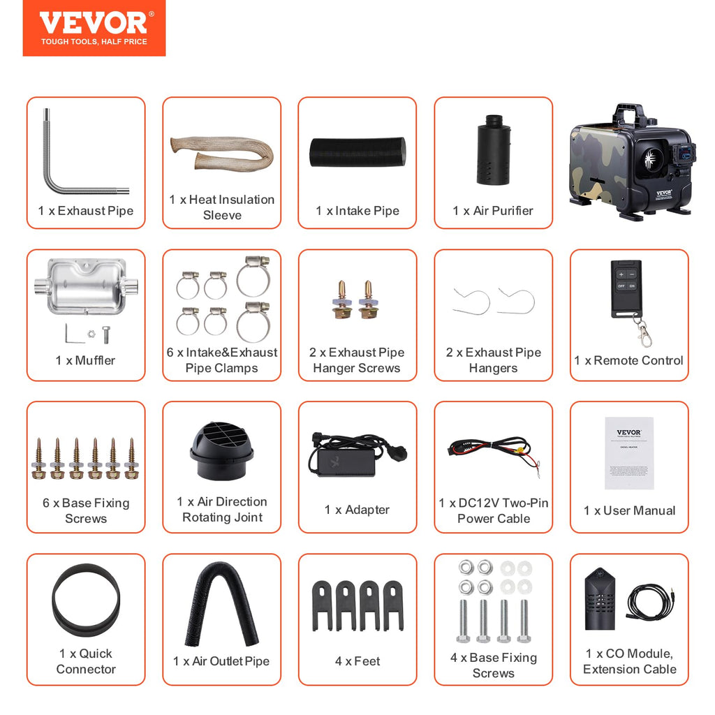 VEVOR 8KW Diesel Heater, DC 12V/24V, Bluetooth APP Control, CO Alarm
