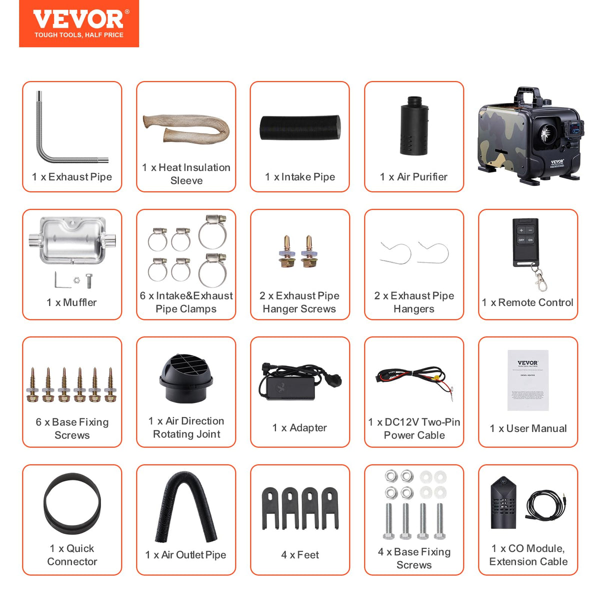 VEVOR 8KW Diesel Heater, DC 12V/24V, Bluetooth APP Control, CO Alarm