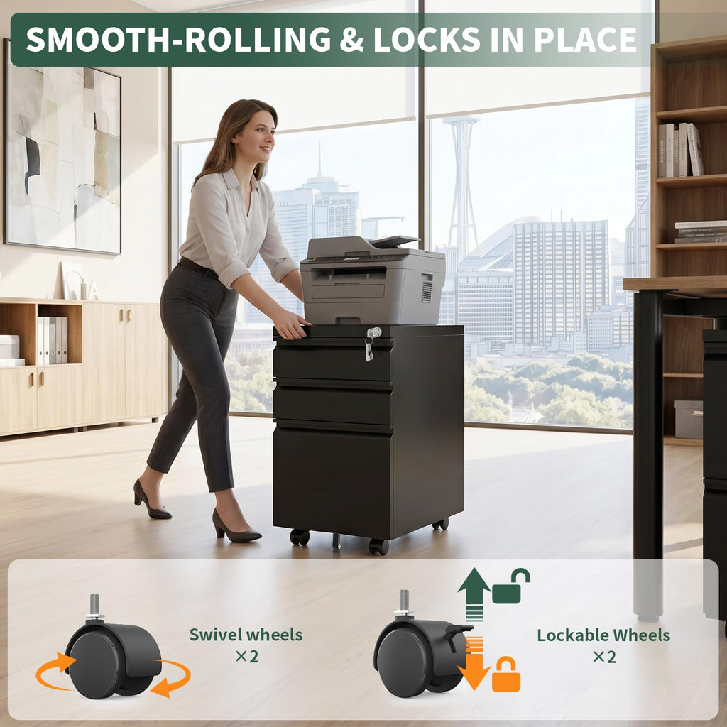 3 Drawer File Cabinet with Lock, Black Metal, Under Desk