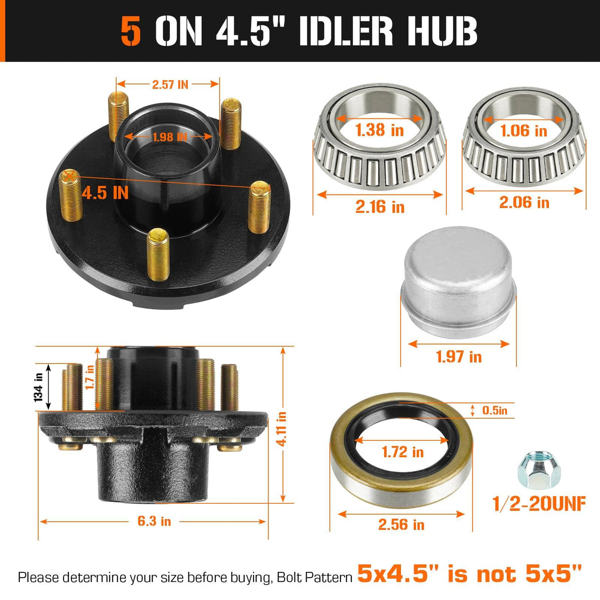 Aeagle 2 Sets 5 on 4.5" Trailer Hub Kits for 1-1/16" & 1-3/8" Tapered Axle