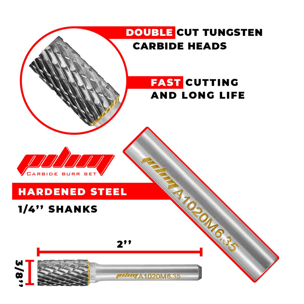 Tungsten Carbide Burr Set 1/4" Shank 10PC Double Cut Rotary Cutting Burrs Die Grinder Bits for Steel and Wood Working, Grinding, Carving, and
