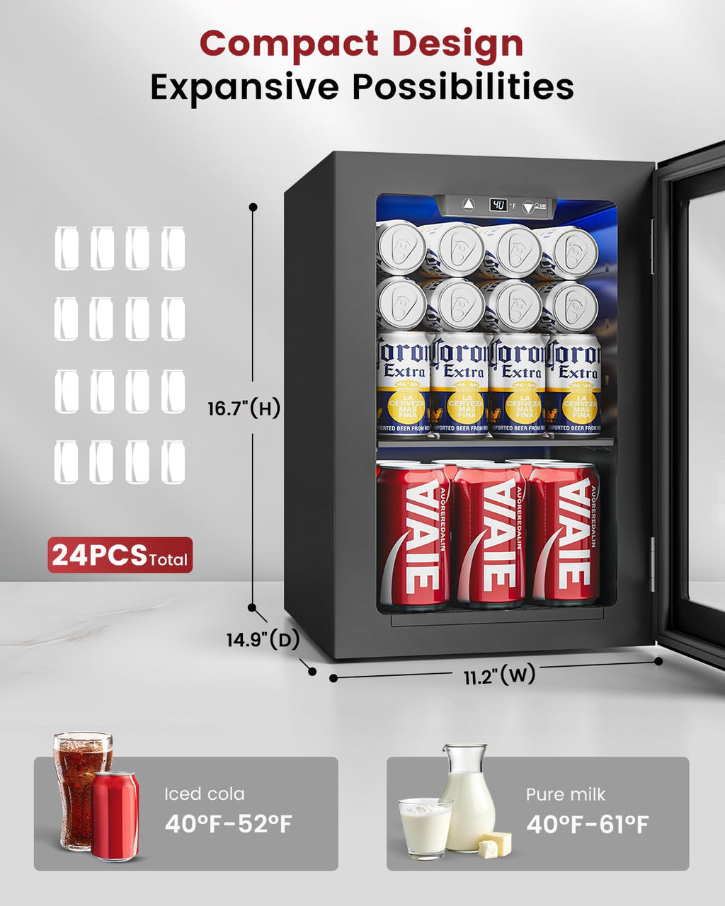 Feelfunn 24 Can Beverage Refrigerator,18L Mini Fridge, Black