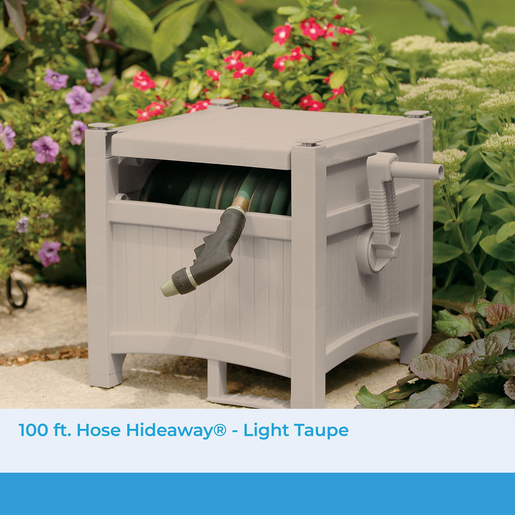 Suncast 100 ft. Hose Hideaway, Garden Hose Reel Box, Light Taupe