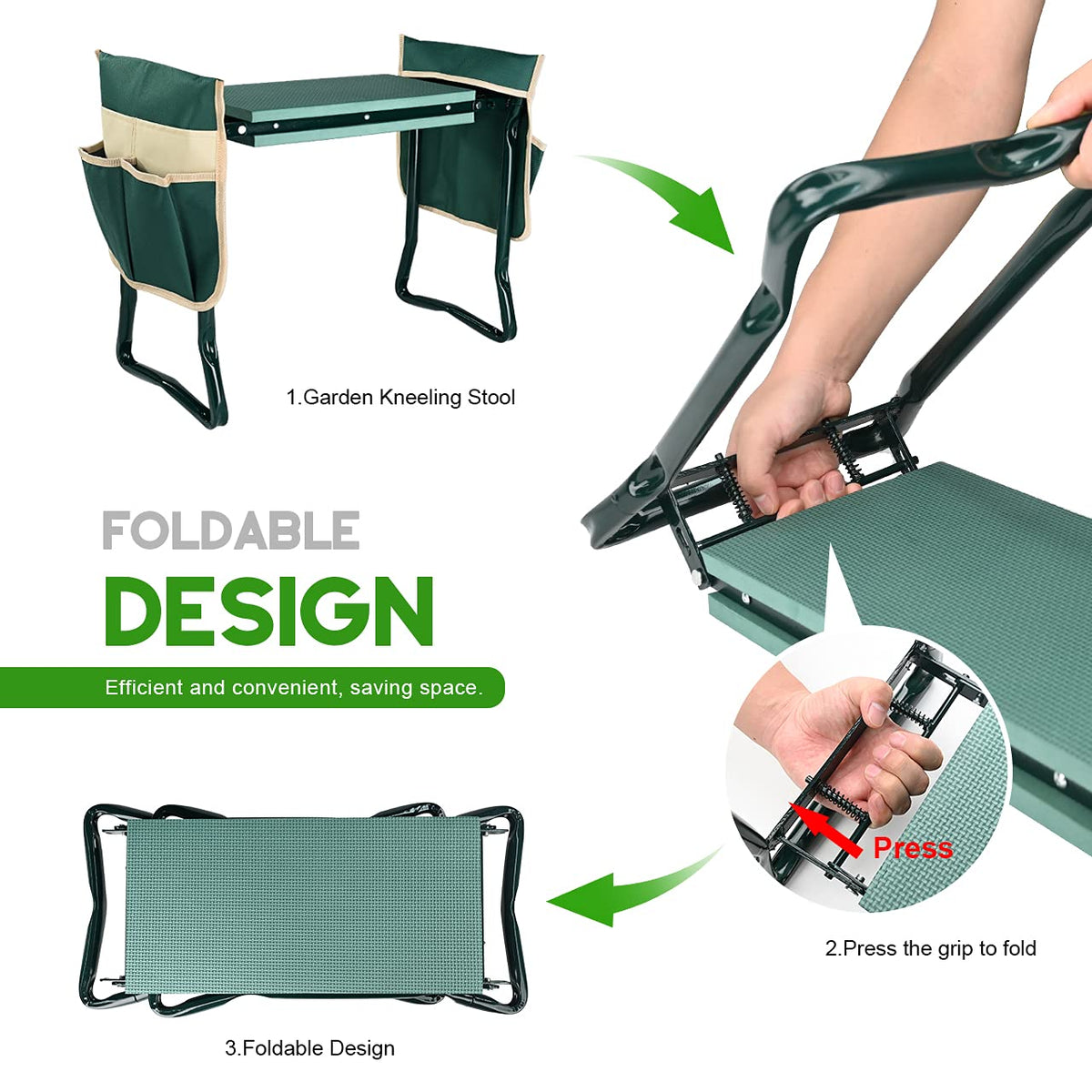 KVR Upgraded Garden Kneeler and Seat with Thicken & Widen Soft Kneeling Pad,Heavy Duty Foldable Gardener Stool with 2 Tool Pouches,Gardening Gifts