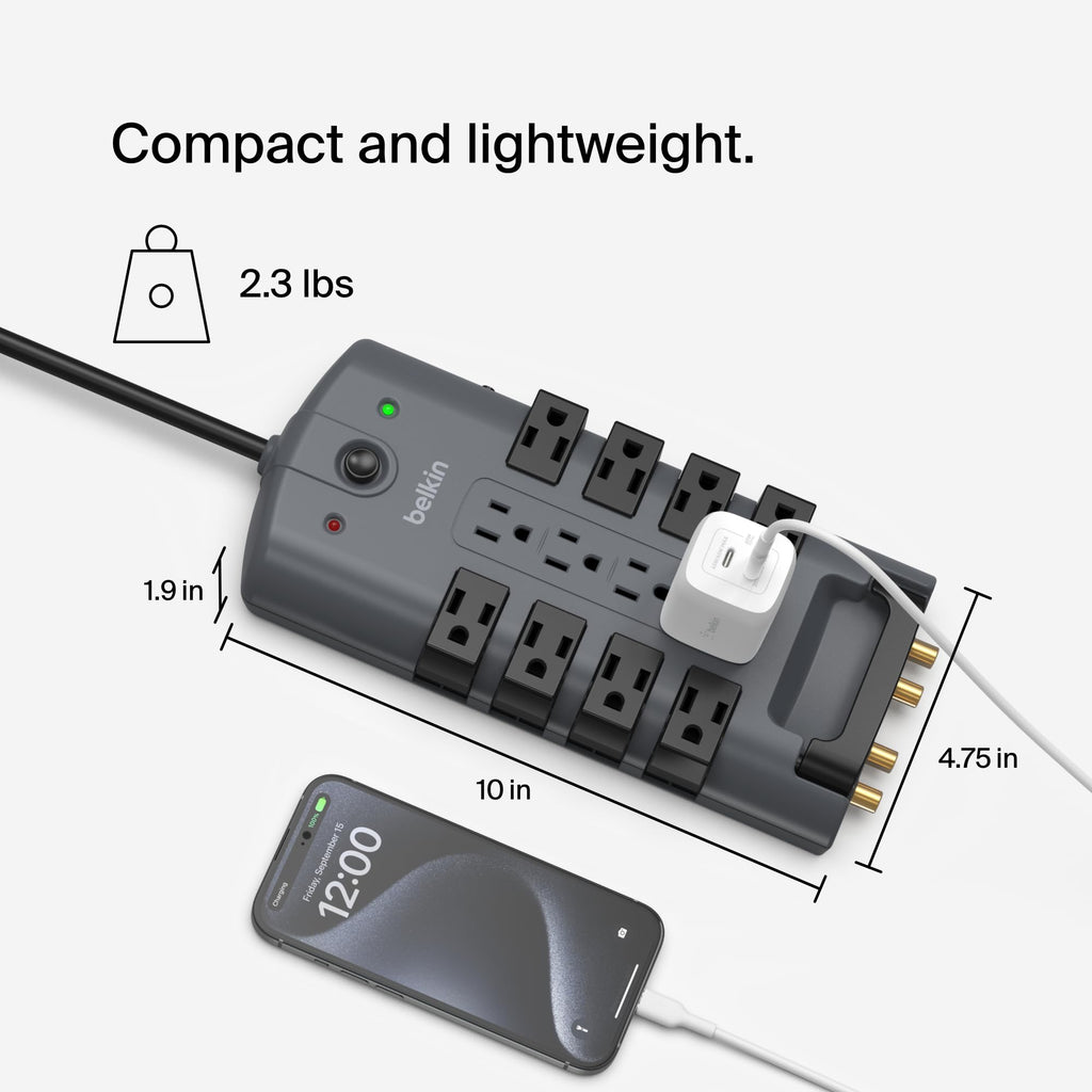 Belkin Surge Protector Power Strip w/ 8 Rotating & 4 Standard Outlets - 8ft Sturdy Extension Cord w/Flat Pivot Plug for Home, Office, Travel, Desktop