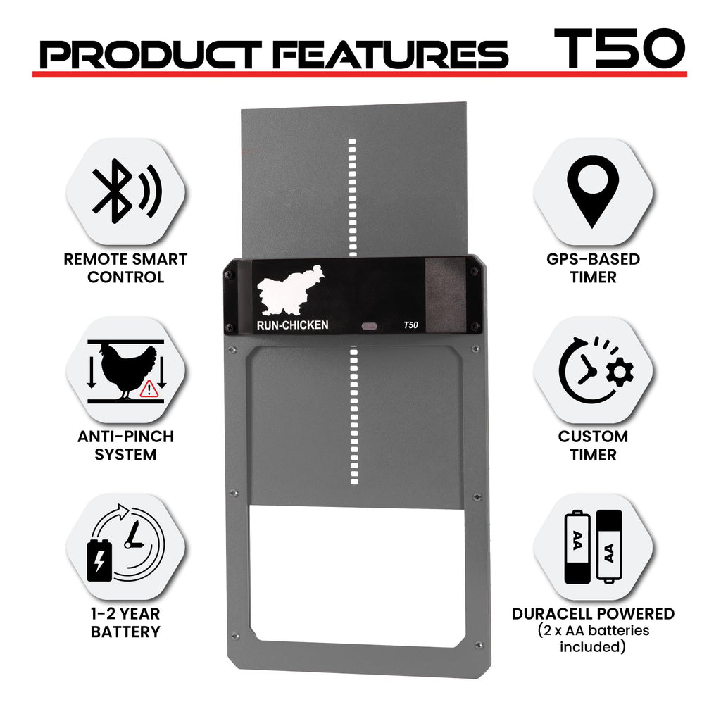 RUN-CHICKEN Door T50 – Automatic Chicken Coop Door Opener, Battery Powered & Weatherproof Aluminum, Smart App & Timer Control, Predator Proof, Easy