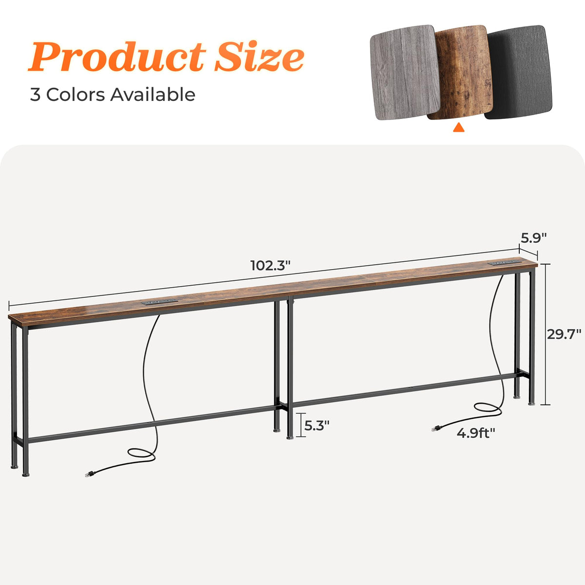 SUPERJARE 102 Inch Sofa Table with 2 Power Outlets and USB-C Ports