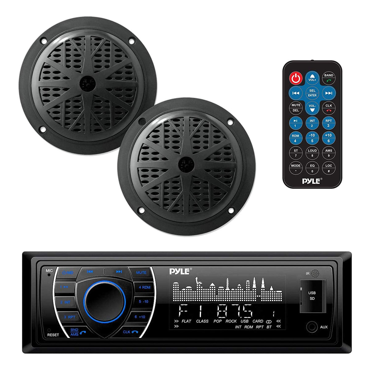 Pyle Marine Headunit Receiver Speaker Kit - In-Dash LCD Digital Stereo Built-in Bluetooth & Microphone w/ AM FM Radio System 5.25’’ Waterproof