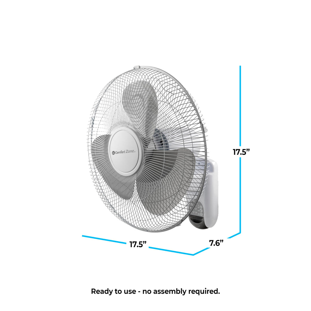 COMFORT ZONE 16" Oscillating Wall Mount Fan with Remote & Timer - White