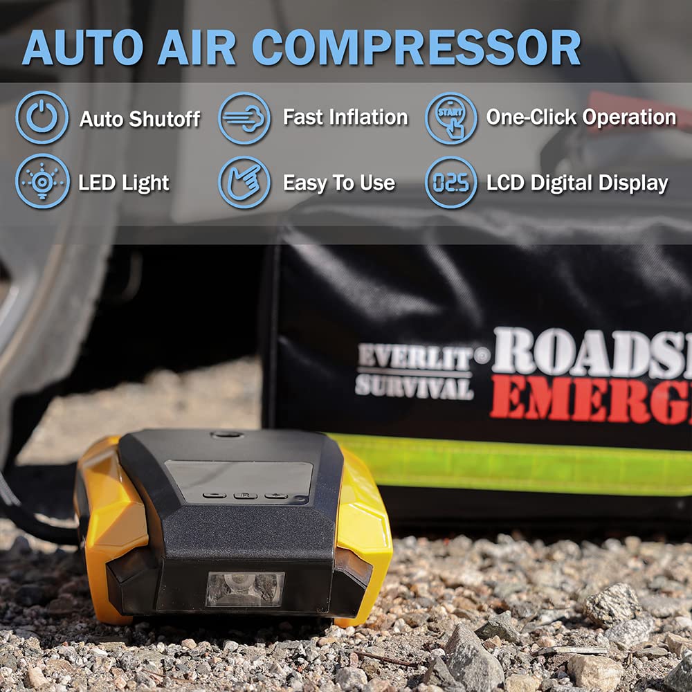 Everlit Survival Car Emergency Kit, Roadside Safety Tool Kit with Gloves,Digital Auto Air Compressor Tire Inflator, First Aid Kit, 12 Feet Jumper