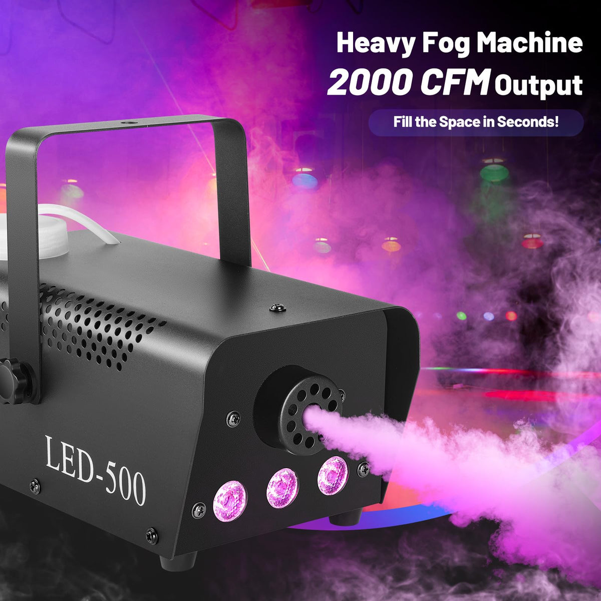 Fog Machine 500W with 14 Color RGB LED Lights and Auto Mode, 2000CFM Smoke Machine Fog with Wireless Remote Control for Parties Indoor Outdoor