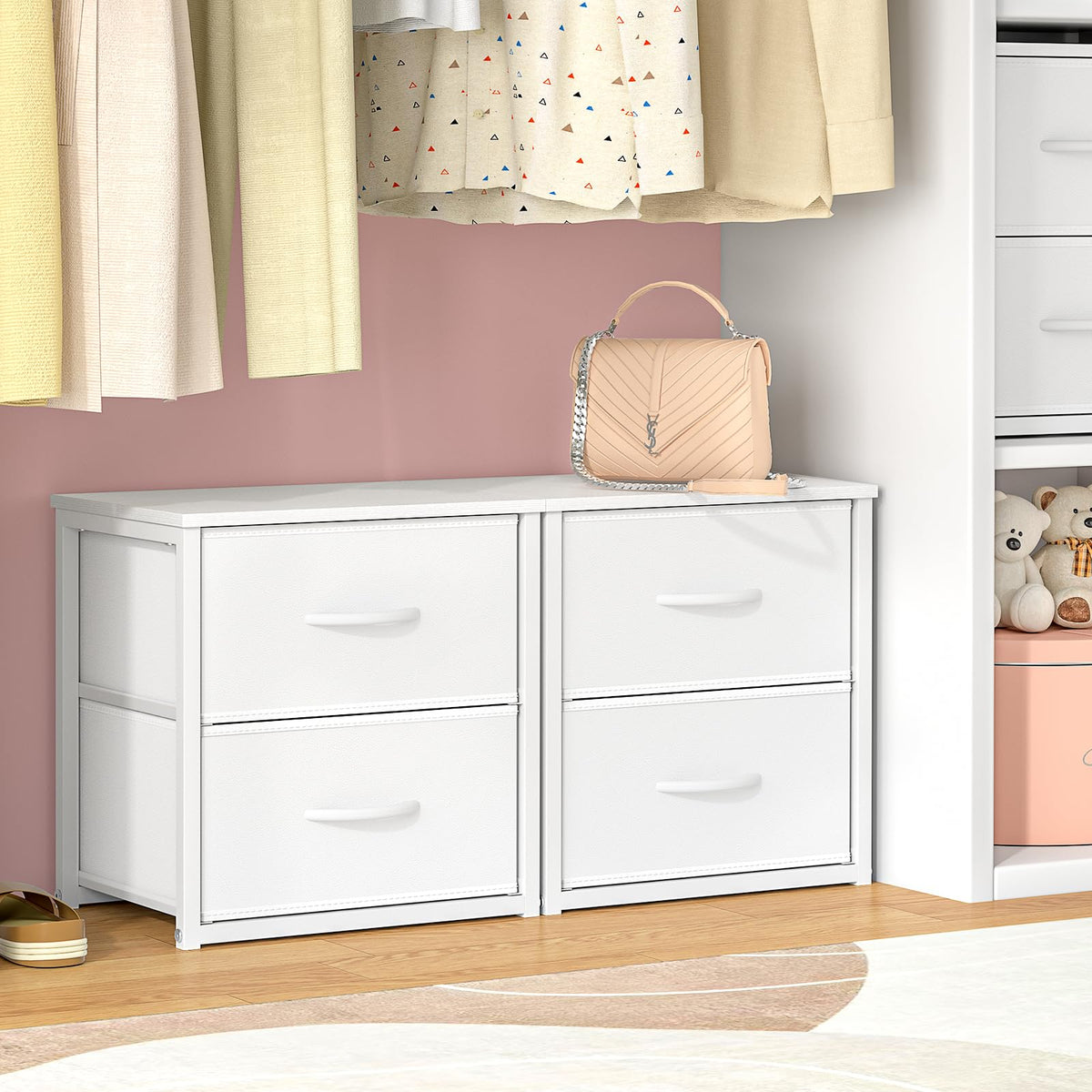 2-Pack Stackable Storage Drawers (4 Drawers Total), White Closet Organizer with Wooden Top & Metal Frame, Freestanding or Stackable Dresser for