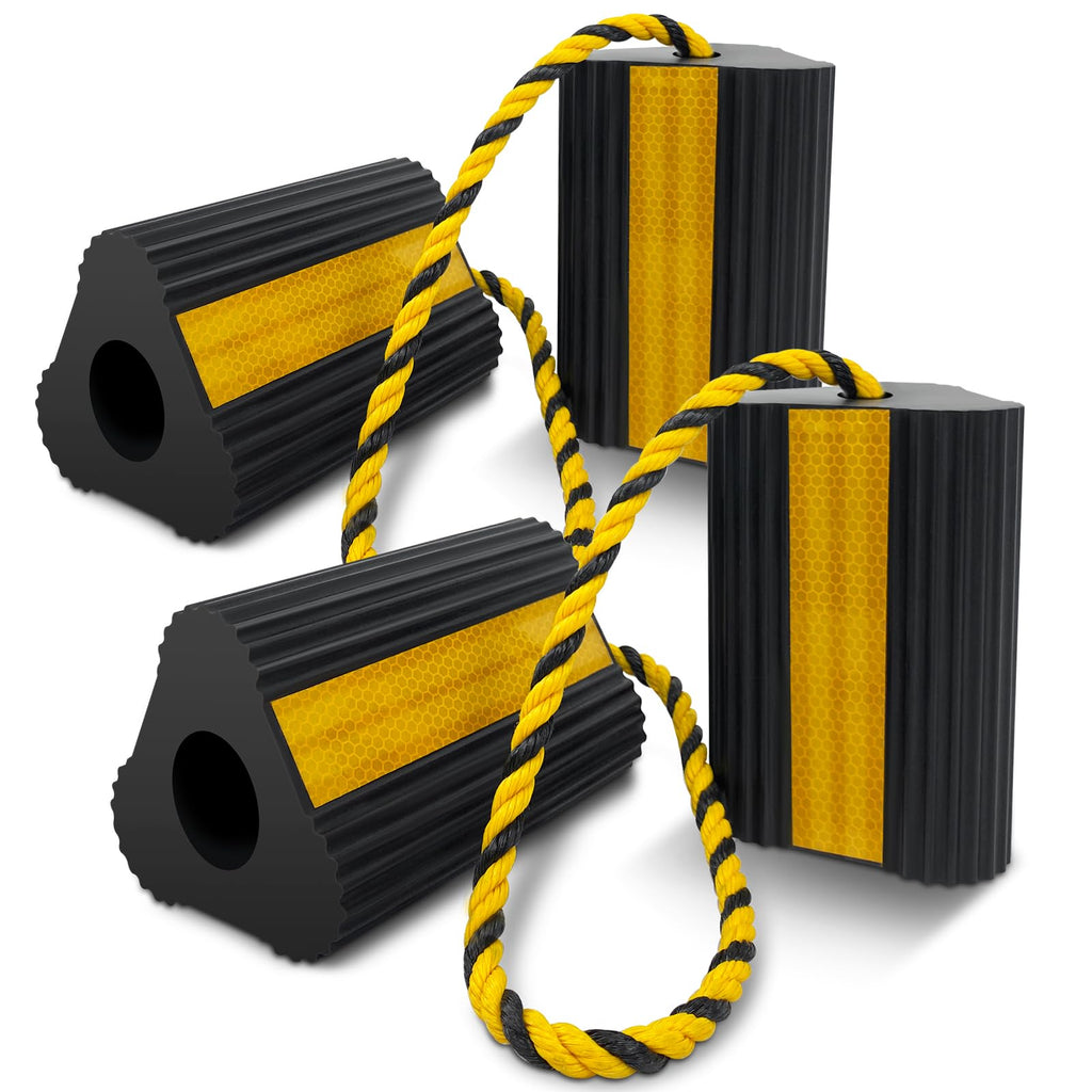 Wheel Chocks (2pair/4pack with Rope) for RV Trailer Camper Truck Car Aircraft, Versatile Heavy Duty Rubber Wheel Chocks Block with 3 Reflective