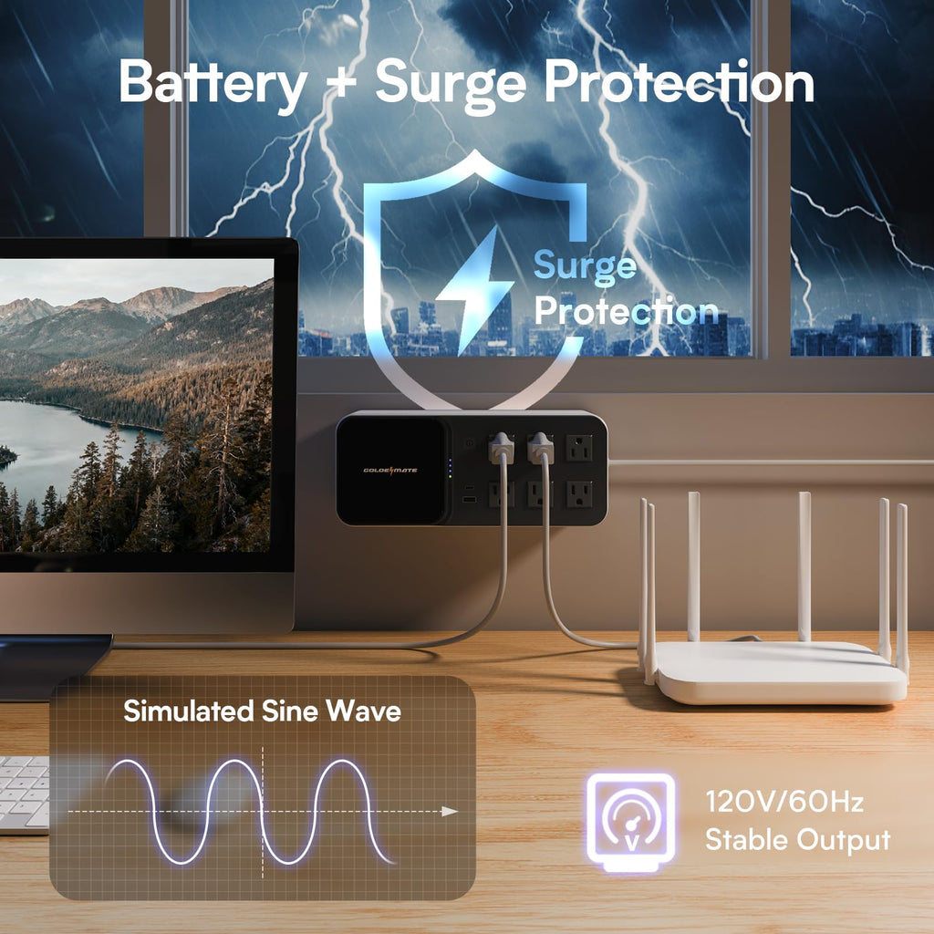 GOLDENMATE 600VA/360W Lithium UPS Battery Backup and Surge Protector