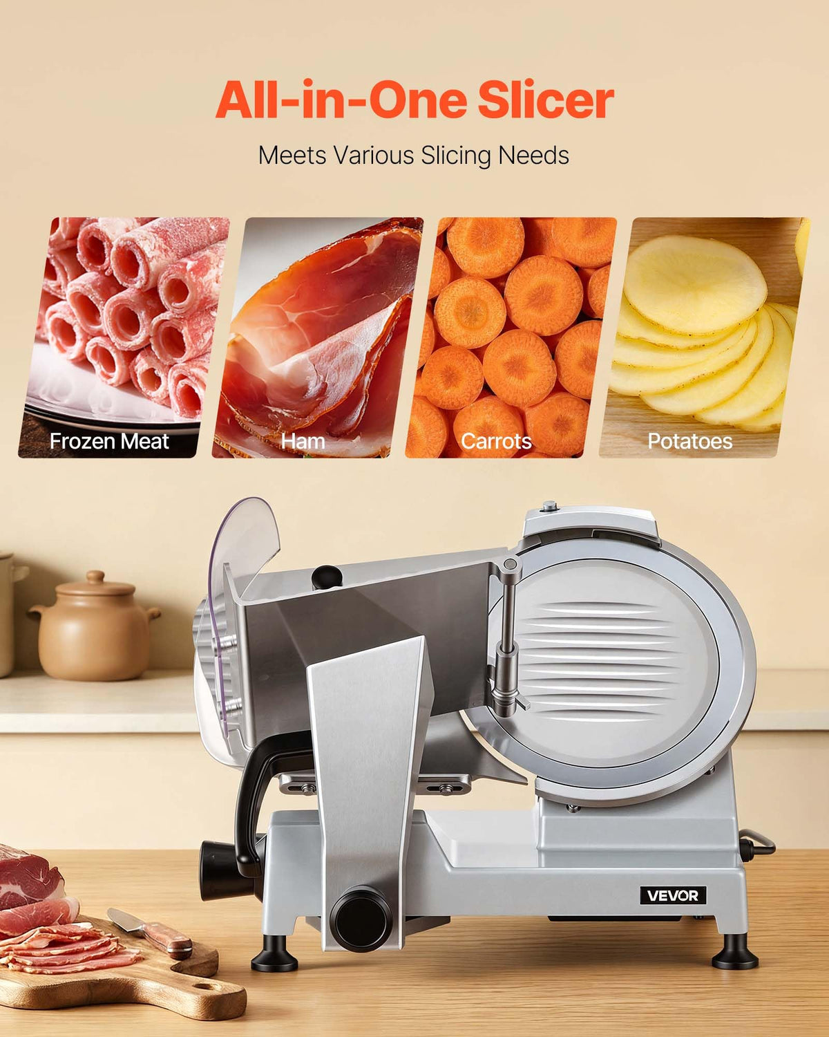 VEVOR Commercial Meat Slicer, 10 inch Electric Food Slicer, 240W Frozen Meat Deli Slicer, Premium Chromium-plated Steel Blade Semi-Auto Meat Slicer