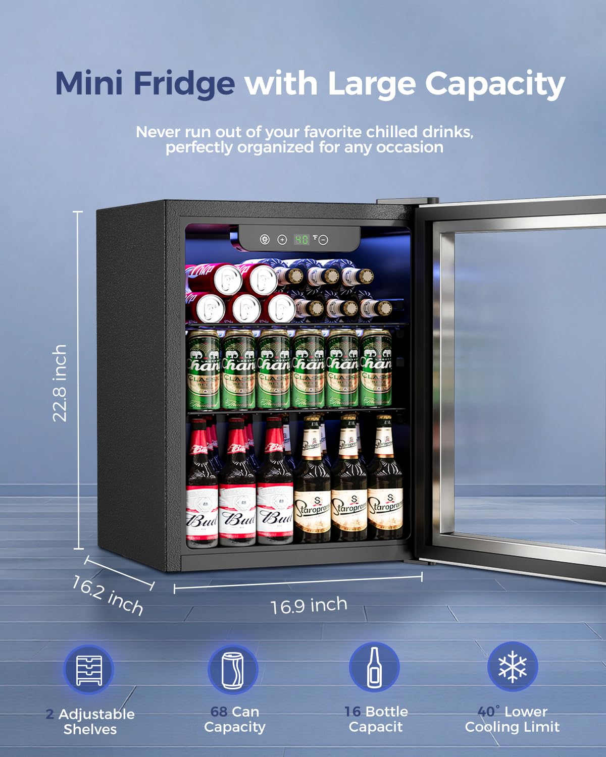 Feelfunn 68 Can Beverage Refrigerator, 1.7CuFt Mini Fridge with Glass Door