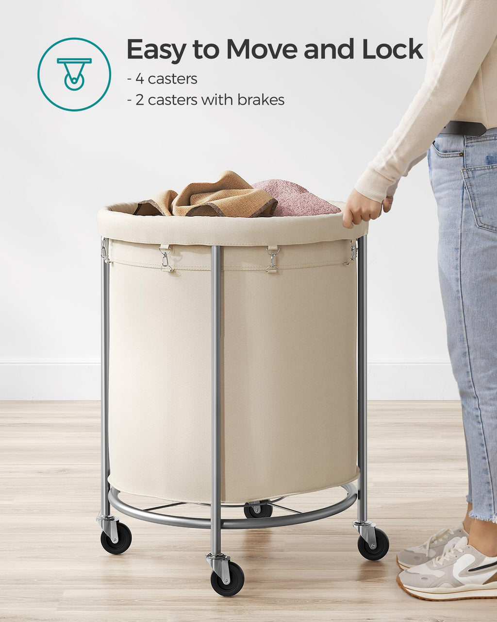 SONGMICS Laundry Basket with Wheels,190L, Steel Frame, Removable Bag